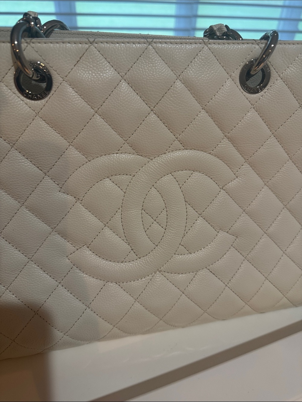 CHANEL Cream Quilted Caviar Leather Tote with Interlocking CC